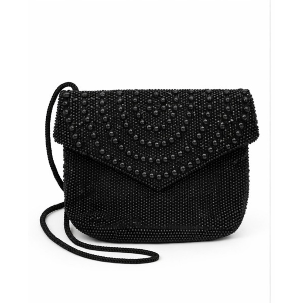 Vintage Holiday Fair Micro Beaded Evening Clutch Shoulder Bag Black‎ Satin